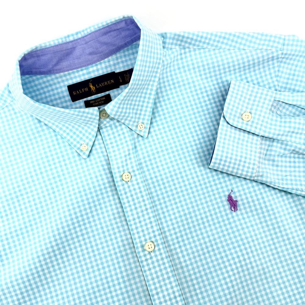 Ralph Lauren Button Down Men L Blue Excellent Gingham 100% Cotton Stretch Pony